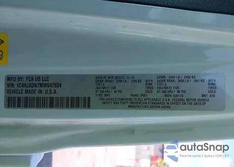 2021 Jeep Wrangler Unlimited Sport S 4X4 z USA, uszkodzony, nr VIN 1C4HJXDN7MW647934